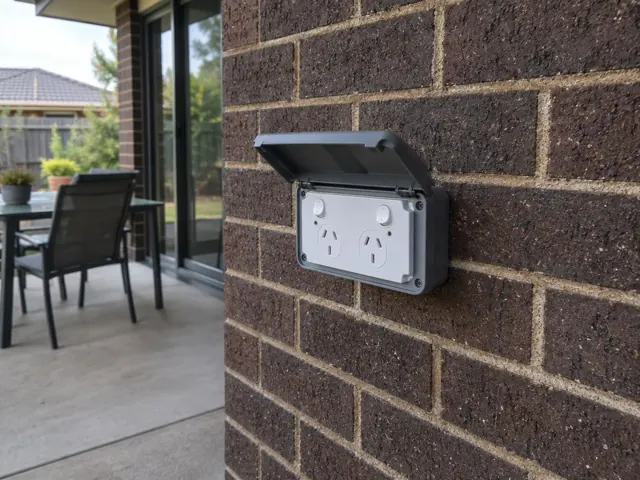 Outdoor double power point on a brick exterior wall beside a patio in Gillieston Heights