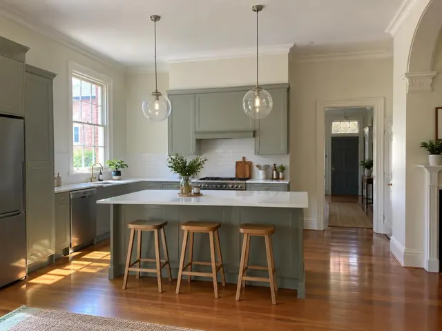 Kitchen with two glass pendant lights above a green island in a bright home interior in Farley